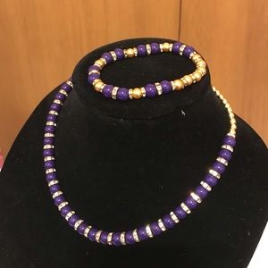 Purple Czech Druk Glass Beaded Necklace and Bracelet Set